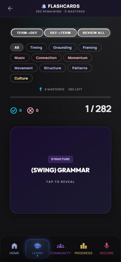 Flashcards screen filtered by pillar, showing the card Swing Grammar