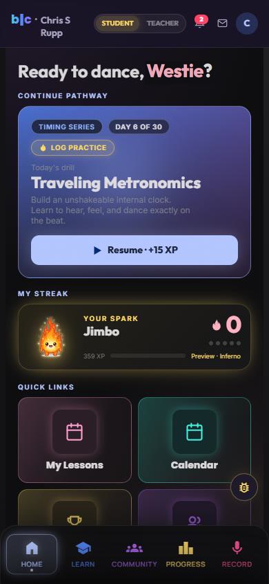 BLC app home screen with today's drill and streak