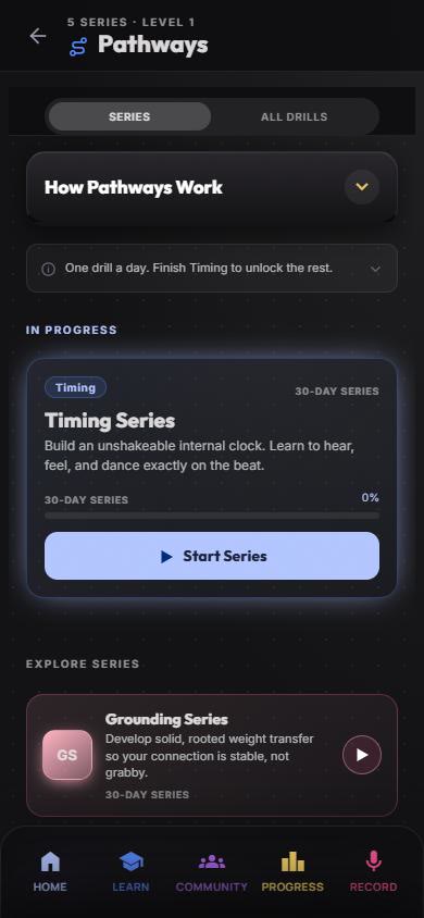 Pathways screen with the Timing series in progress and the Grounding series to explore