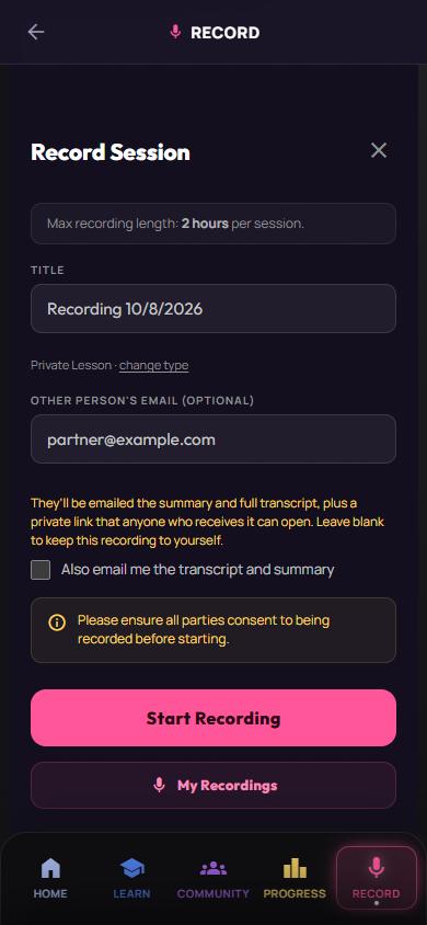 Record Session screen with a title, an optional partner email, and a Start Recording button