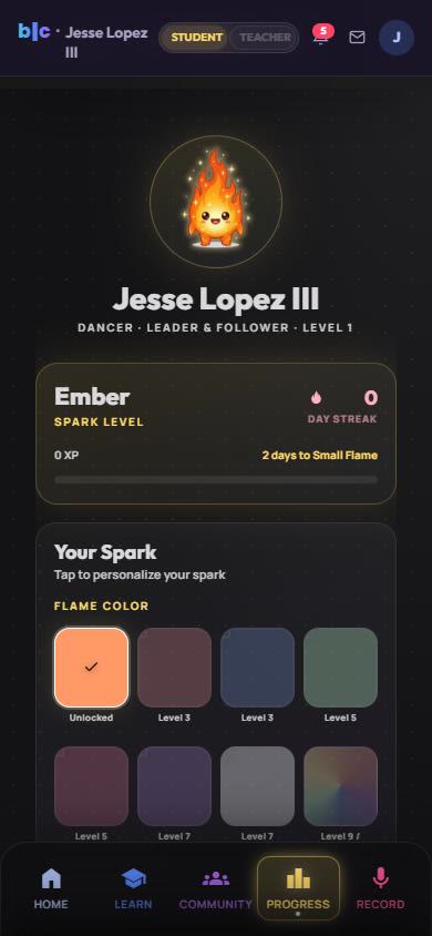 My Spark screen for Jesse Lopez with spark level, XP, day streak, and flame colors to unlock