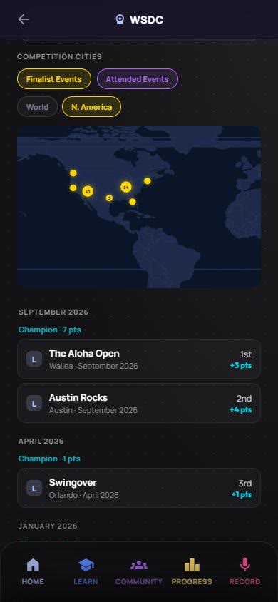 WSDC competition map of North America with clustered event pins, above a list of recent finals and placements